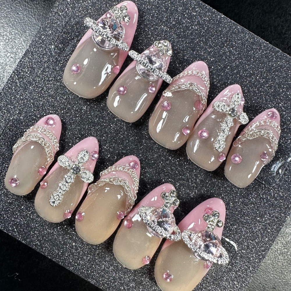 Medium almond pink French tip with gems handmade press on nails